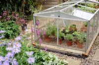 Garden cold frame containing potted plants, September