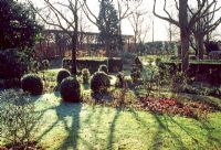 Formal garden in winter with deciduous trees casting shadows on lawn and topiary balls