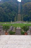 View up staircase and across the Theatre to the Belvedere Hill - Villa Della Porta Bozzolo, Casalzuigno, Italy