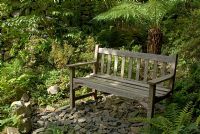 Wooden bench in shaded secluded stony area of Cumbrian garden with Dickinsonia antarctica  in background
