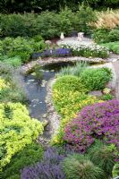 Pond with planting of Alchemilla mollis, Geranium psilostemon 'Dragon Heart', Hemerocallis 'Stella d'oro', Rosa 'Venice' and Achillea 