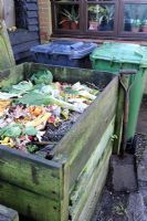 Wooden compost bin situated next to wheelie bins 