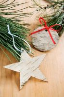 Making Christmas decorations from Silver Birch bark - 10. Finished decorations - a star, and a bauble