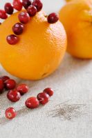 Making a Cranberry and Orange pomander for Christmas - putting the cranberries on the orange using dressmaking pins