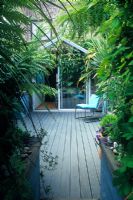 Small town courtyard garden with decking, tropical style planting, contemporary chair in front of conservatory. Alistair Davidson, Worcester, UK