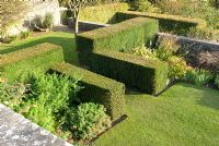 The formal terrace garden in Autumn at Parcevall Hall Gardens, North Yorkshire