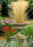 Stipa tenuissima in stone container. The Coach House, Hants