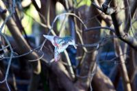 A glass bird hangs from a tree.  The Old Malthouse