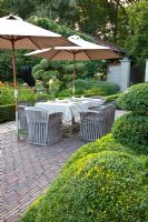 Terrace with dining area and Buxus - Box topiary 
