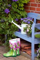 Patterned wellies by blue bench and watering can surrounded by Clematis