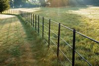 Black iron estate fencing bordering a paddock in Summer