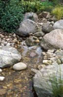 Water feature with natural rocks and pebbles