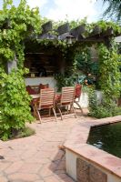 Vitis- Grape Vine on oak pergola, table and chairs in small urban garden with terracotta tiles. Raised octagonal pool in foreground