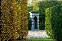Sentry box, gravel path and hedges of Taxus baccata and Fagus - Silverstone Farm, Norfolk