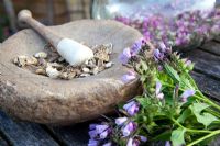 Grinding herbs with a pestle and mortar

