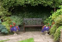 Garden arbour with wooden bench covered with Clematis and adjacent raised beds with conifers, Hedera and Euonymus - Brocklebank Road, Southport, Lancashire NGS
