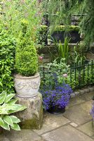 Slab path leading to recessed water feature surrounded by railings, stone wall and pots with Buxus, Lobelia, Hosta - Brocklebank Road, Southport, Lancashire NGS 
