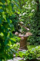 Sundial on a stone pillar backed by a hedge with Rosa 'Rambling Rector', flowerbed of Hosta fortunei 'Aureomarginata' and Allium giganteum - The Manor House, Germany