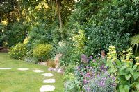 Stepping stone path, planting of Phlomis russeliana, Argyranthemum and Erysimum - Buckhurst Hill