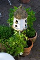 Wooden bird box with clapboard roof over terracotta pots