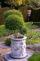 The Herb garden, with yew hedge, topiary, face sculpture and formal planting and privet in urn - Tilford Cottage, Surrey