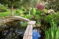 Arched wooden bridge spanning the pond of the Japanese garden at Cloud Cottage