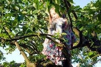 Young girl climbing Apple tree