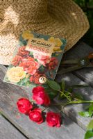 Antique Mr Cuthbert's Growing Roses guide with rose and sunhat