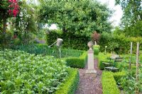 A stone plinth marks the centre of a Buxus - Box framed vegetable garden with Tomatoes, Potatoes and Beans