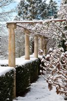 Pergola in snowy garden