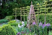 Formal early summer border with Iris 'Jane Philips', wooden obelisk and pleached Tilia - Lime hedge
