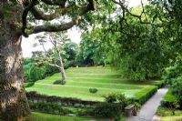 Dartington Hall, Devon. Historic Garden Grade II*. July. The terraces of the Tiltyard. Oak in foreground.