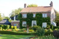 Country house with Hydrangea petiolaris. Lawn, Buxus hedges and borders - Lipkje Schat Garden
