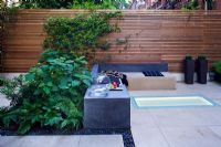 Modern garden with  built in lighting and seating area 
