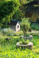 Meadow garden with shed and circular island beds