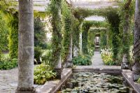Historic Edwardian Pergola in late summer with decorative pond - West Dean, Sussex