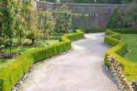 Zig zag pathway through orchard in late summer with low Buxus hedges - West Dean, Sussex