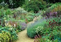 Wide perennial border in mid-summer at Perham House