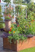 Raised bed with fruit trees and companion planting