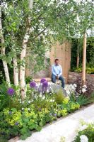 Paul Hervey Brookes sitting in the 'RNIB Garden' - Silver Gilt Medal Winner, RHS Chelsea Flower Show 2011