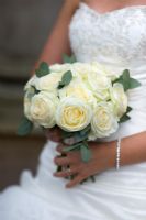 Bride holding wedding bouquet of white Roses 