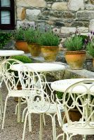 Chairs and tables on the terrace below a line of French lavender