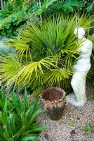 Classical statue beside exotic foliage of palms and eryngiums