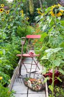 Red chair on path of vegetable garden with produce including radishes and sunflowers