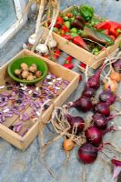 Onions, garlic, bean seeds and last of the greenhouse crops ripening in greenhouse 