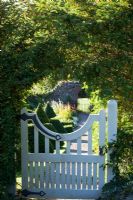 Wooden gate through to formal garden with topiary pyramids  - Gillian Archer's garden, Perrycroft, Worcestershire, autumn. 
