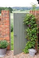 Wooden door in wall opens to the countryside, with Clematis and galvanised containers