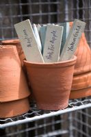 Old terracotta pots with plant labels