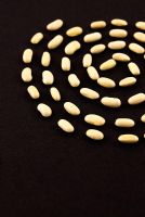 Seeds of climbing French Bean 'Blue Lake' laid out in a spiral pattern on black paper.
