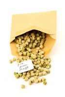 Seeds of Pea 'Green Shaft' falling out of a brown paper envelope with handwritten label.
